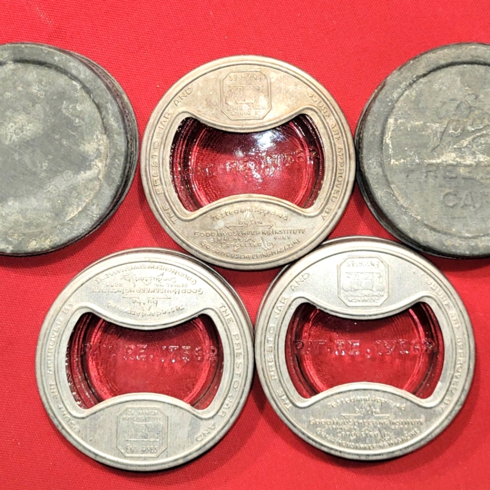 3 Vintage Presto Widemouth Bowtie Canning Lids & Glass Inserts, 2 Widemouth Lids